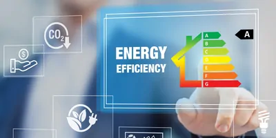 Holographic interface with the words energy efficency on it