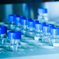 Glass vials with blue tops going into lab instrument