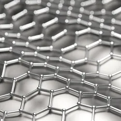 network of hexagons made of silver metal tubes and balls over a silver metallic background