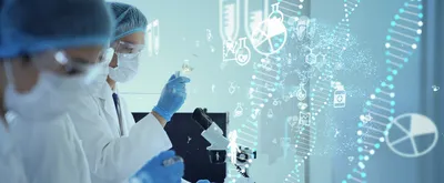 Two scientists in PPE examining samples in the lab with DNA strands overlaying the image