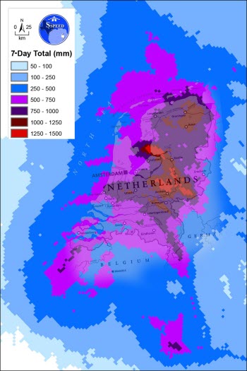 Harvey Rainfall Map Overlaid onto a Map of the Netherlands to Illustrate Size and Extent of Flooding