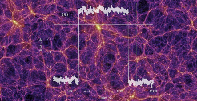 A computerized simulation of the large-scale distribution of dark matter in the universe.