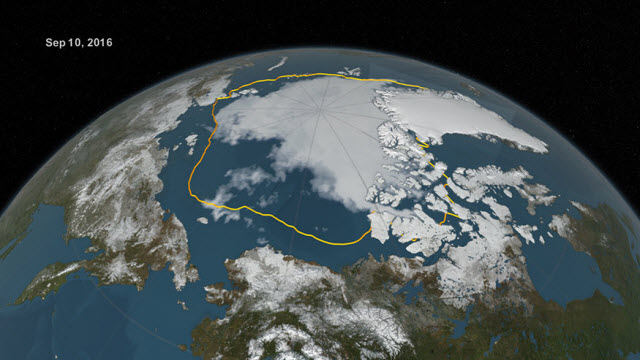 Extent of Arctic sea ice in September 2016 versus the 1981-2010 average minimum extent