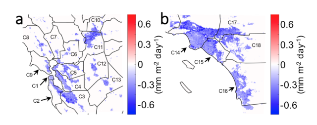 average urban evaporative water demand reductions