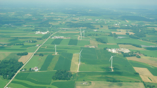 Wind turbines and farm fields near Springfield Corners, Wisconsin