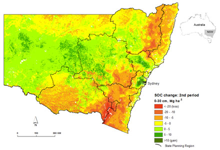 Average change in soil organic carbon stock across New South Wales
