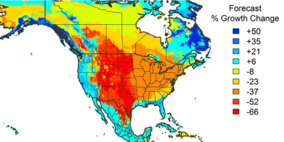 Projected change in forest growth rates for second half of this century