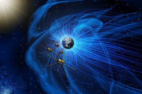 four MMS spacecraft in formation as they collect data on magnetic reconnection