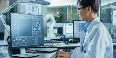 Scientist sits at his desk using a computer in the lab
