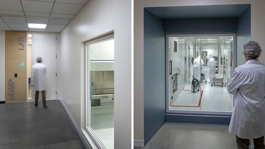 Two images showing a public corridor with white and blue walls, along with glass walls looking into the lab Two images showing a public corridor with white and blue walls, along with glass walls looking into the lab