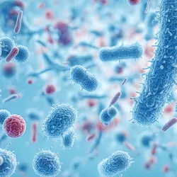 3D render of blue and red bacteria