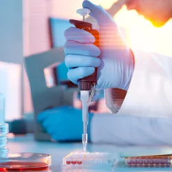 image of a lab technician using a pipette on a microtiter plate illustrating ergonomic pipette use