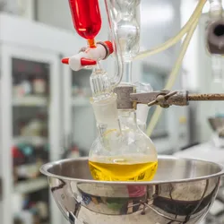 A laboratory chemistry setup with a vacuum flask