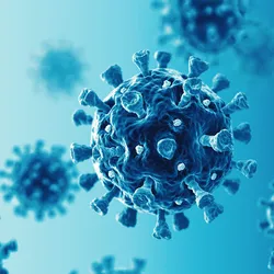Blue 3D render of a virus microbe