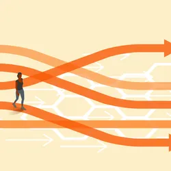 Illustration of people walking along orange arrows symbolizing streamlined pathways in a change management process.
