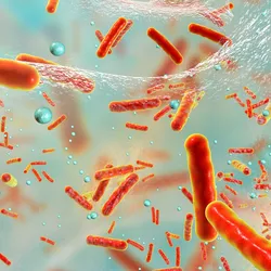 3D render of orange bacteria floating in a biofilm