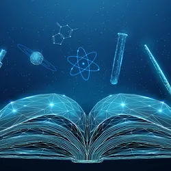 wireframe image of a book and various science equipment