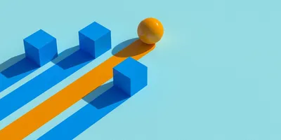 image of 3 blue cubes and 1 yellow sphere moving across a blue background and suggesting different management styles as outlined in the Blake Mouton Managment Grid