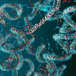3D render of multicolored spiral proteins