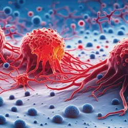Red and orange cancer cells against a blue background