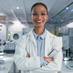 Confident female scientist in a modern laboratory, representing stability amid lab staff turnover