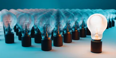 image of a lit lightbulb standing in front a a field of unlit bulbs suggesting the importance of entrepeneurship and intrapeneurship in science and discovery