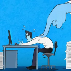 illustration of an employee working at a desk with a large finger pushing on his back suggesting workplace bullying by management