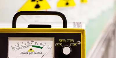 image of a Geiger Counter with radiation symbols in the background illutrating the importance of working safely with radioactive materials