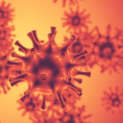 A highly detailed, computer-generated illustration of Influenza A viruses, depicted in a glowing orange hue with spike-like surface structures against a blurred background of similar viral particles.
