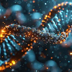 Illustration of DNA on a dark background, strand has bight orange highlights, the image suggests the importance of DNA helicase in DNA replication