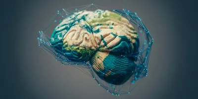 A 3D render of a human brain colored to look like the surface of the earth