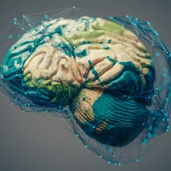 A 3D render of a human brain colored to look like the surface of the earth