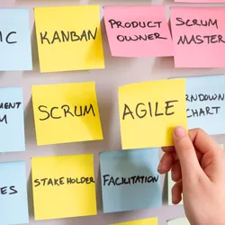 A wall of sticky notes with buzzwords like "Kanban," "Scrum," "Product Owner," and more spread across a wall. An individual adds another word with the word "Agile" to the collage.