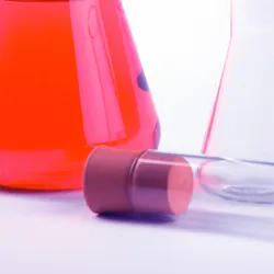 image of a flask with red liquid and a glass tube with a rubber stopper illutrating the concept of inserting glass into a stopper
