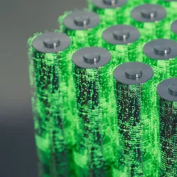 Conceptual illustration of advanced batteries with glowing green digital patterns, representing innovation in sodium-ion battery technology for renewable energy.