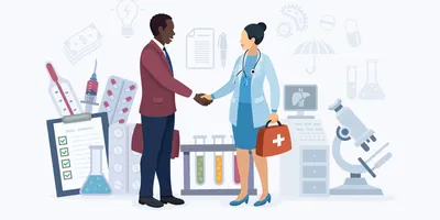 illustration of a lab technician shaking hands with a businessman illustrating the concept of best pratices for lab equipment aquisition