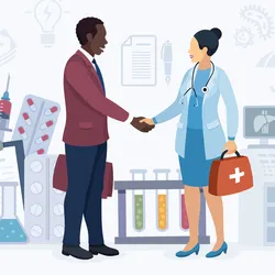 illustration of a lab technician shaking hands with a businessman illustrating the concept of best pratices for lab equipment aquisition