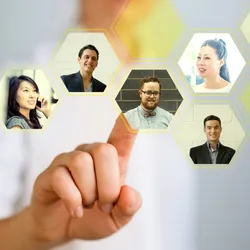 image of a hand clicking on a screen of floating icons with faces in them suggesting the value of social media recruiting