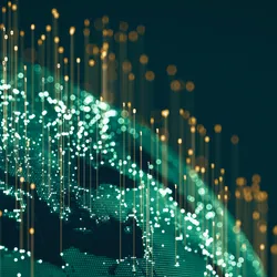 A digital render of the earth's continents made up of blinking LEDs with binary code rising out of it, illustrating the AI-driven green space tracking method