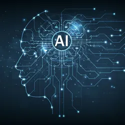 Digital illustration of an AI-powered human brain with circuitry, representing AI in healthcare, brain aging, and neuroscience.