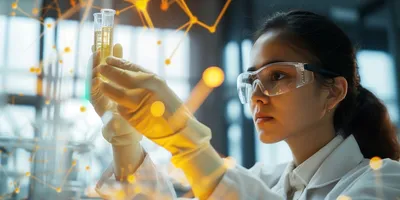 young woman wearing PPE working in a lab illustrating the value of following general lab safety rules for college and university students