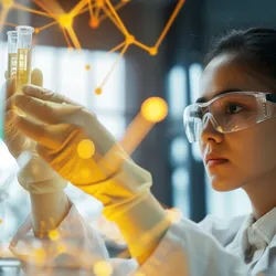 young woman wearing PPE working in a lab illustrating the value of following general lab safety rules for college and university students