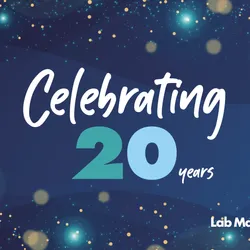 Text says Celebrating 20 years with Lab Manager logo on blue background