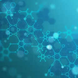 Molecular compounds represented by interconnected hexagons set against a blurred blue background