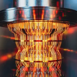 3D render of a quantum processor with characteristic thin golden threads