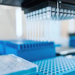 automated liquid handling system dispensing safely into multiple blue well-plates in a robotic workstation