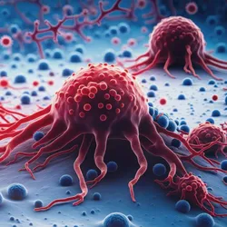 Close-up image of cancer cells under a microscope, showing irregular shapes and structures typical of malignant cells, relevant to prostate cancer research.