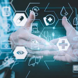 two hands shaking behind a field of scientific icons suggesting the relationship between in-house and outsourced laboratory testing