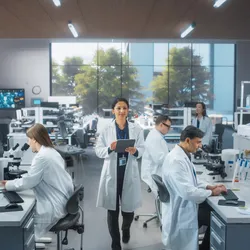 image of a group of lab workers busy in a lab illutrating the idea of workplace efficiency through bath or continous processing
