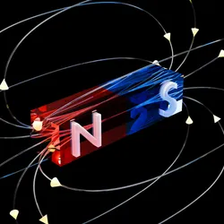 Digital illustration of a blue and red magnet on a black plane with arrows illustrating the magnetic field around it